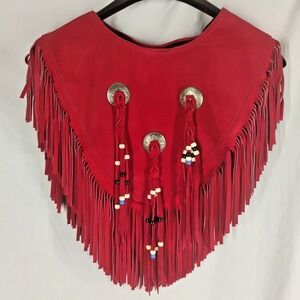 Vintage NWT Steer Brand Native American Poncho Collar Red Leather Fringe